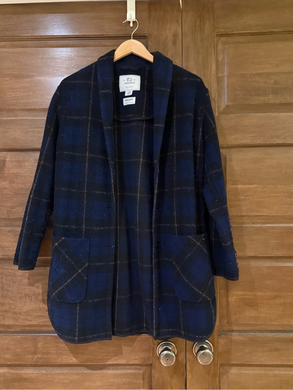 Woolrich Navy and Black Plaid Open-Front Jacket